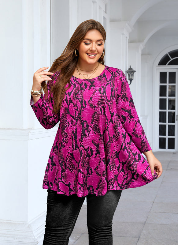 Women's Plus Size Hot Pink Snakeskin Print Tunic Top – 3/4 Sleeve Swing Flare Blouse d12