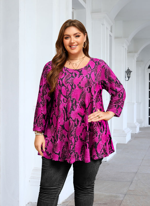 Women's Plus Size Hot Pink Snakeskin Print Tunic Top – 3/4 Sleeve Swing Flare Blouse d12