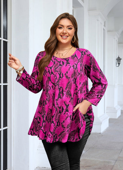 Women's Plus Size Hot Pink Snakeskin Print Tunic Top – 3/4 Sleeve Swing Flare Blouse d12
