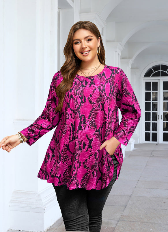 Women's Plus Size Hot Pink Snakeskin Print Tunic Top – 3/4 Sleeve Swing Flare Blouse d12