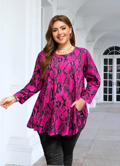 Women's Plus Size Hot Pink Snakeskin Print Tunic Top – 3/4 Sleeve Swing Flare Blouse d12