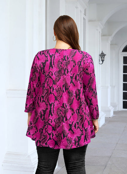 Women's Plus Size Hot Pink Snakeskin Print Tunic Top – 3/4 Sleeve Swing Flare Blouse d12