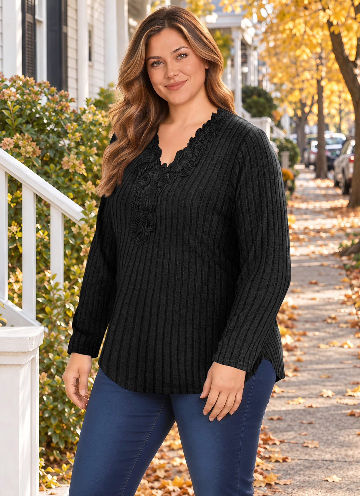 Plus Size Black Lace V-Neck Ribbed Tunic Top