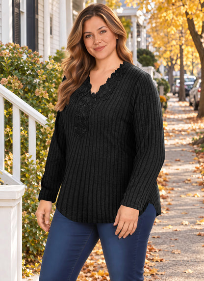 Plus Size Black Lace V-Neck Ribbed Tunic Top