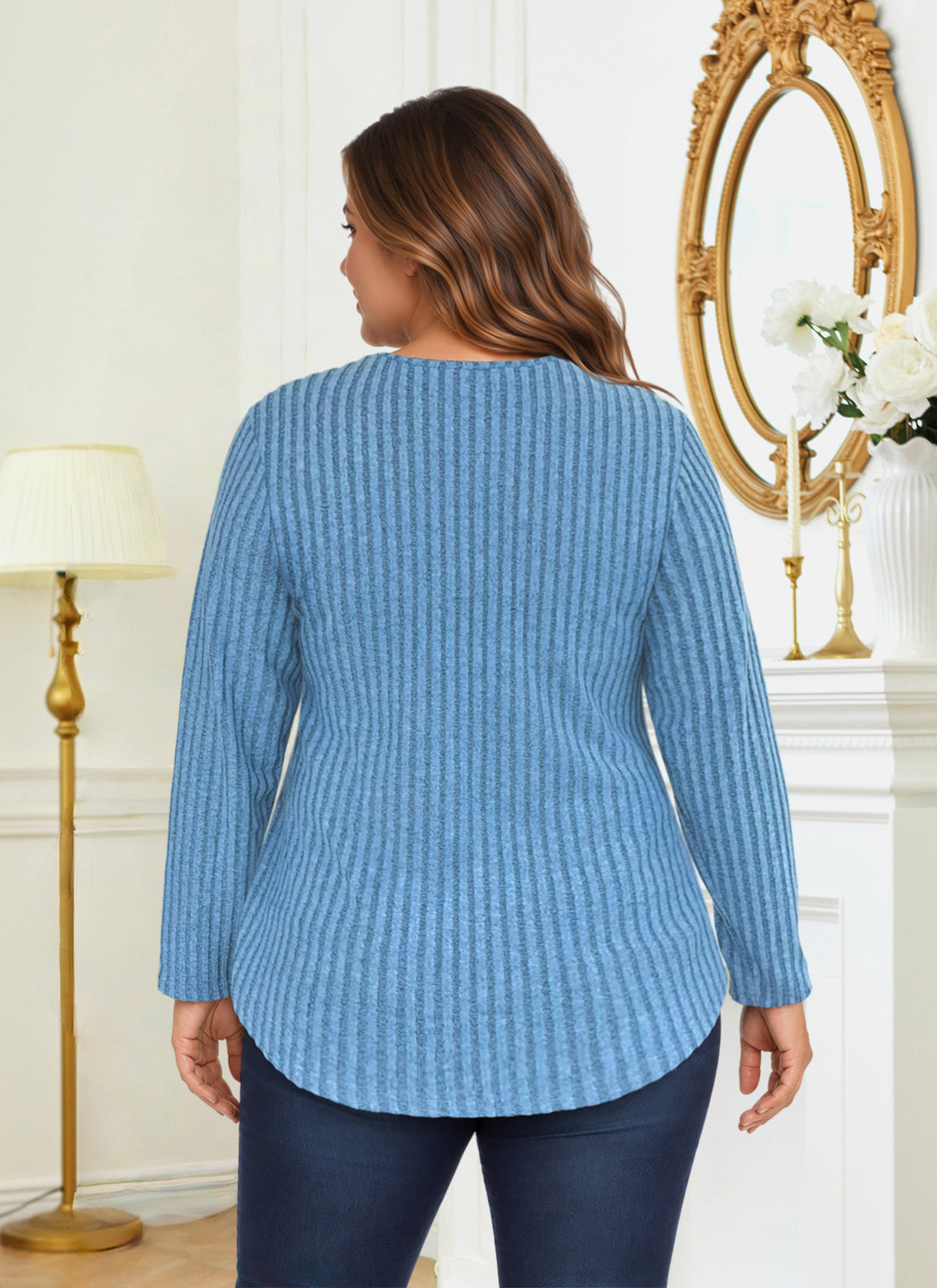 Plus Size Light Blue Lace-Trim Ribbed Tunic Top R3