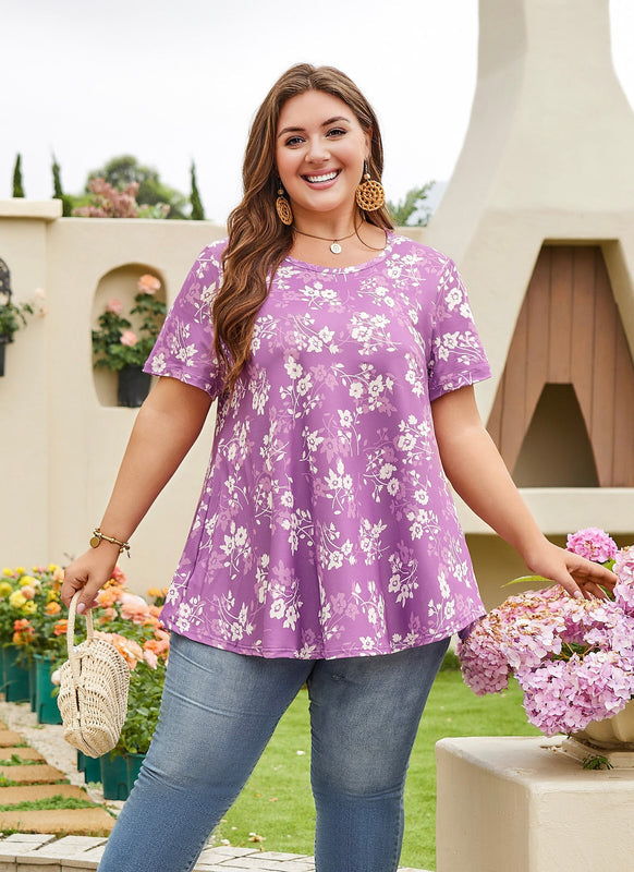 Women's Plus Size Purple & White Tunic Top – Short Sleeve Swing Blouse e11