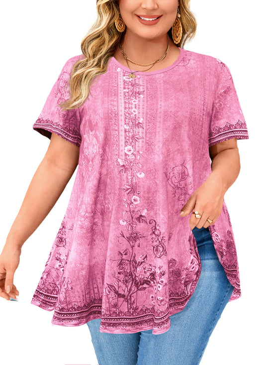Womens Plus Size Tops Short Sleeve Swing Flare Flowy Tunic Loose Fit Summer Casual Blouses to Wear with Leggings I