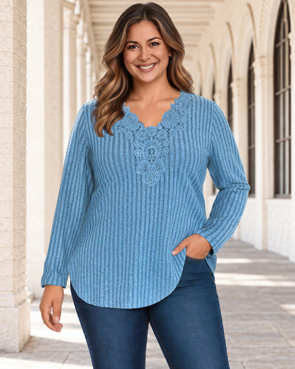 Plus Size Light Blue Lace-Trim Ribbed Tunic Top R3