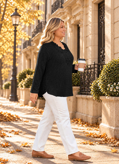 Plus Size Black Lace V-Neck Ribbed Tunic Top