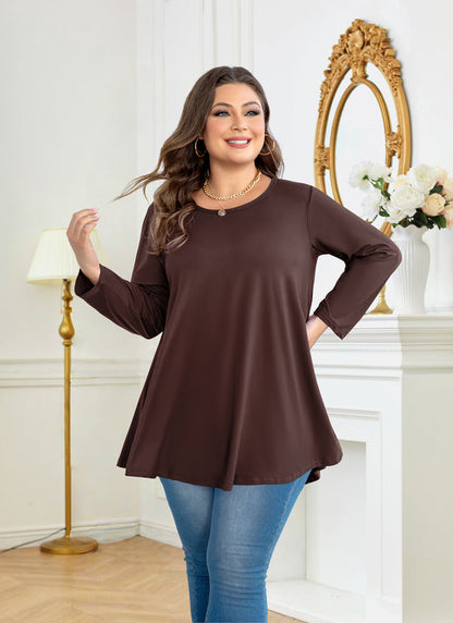 Women's Plus Size Tunic Top | 3/4 Sleeve Brown Swing Flare Blouse for Leggings S-7XL A42