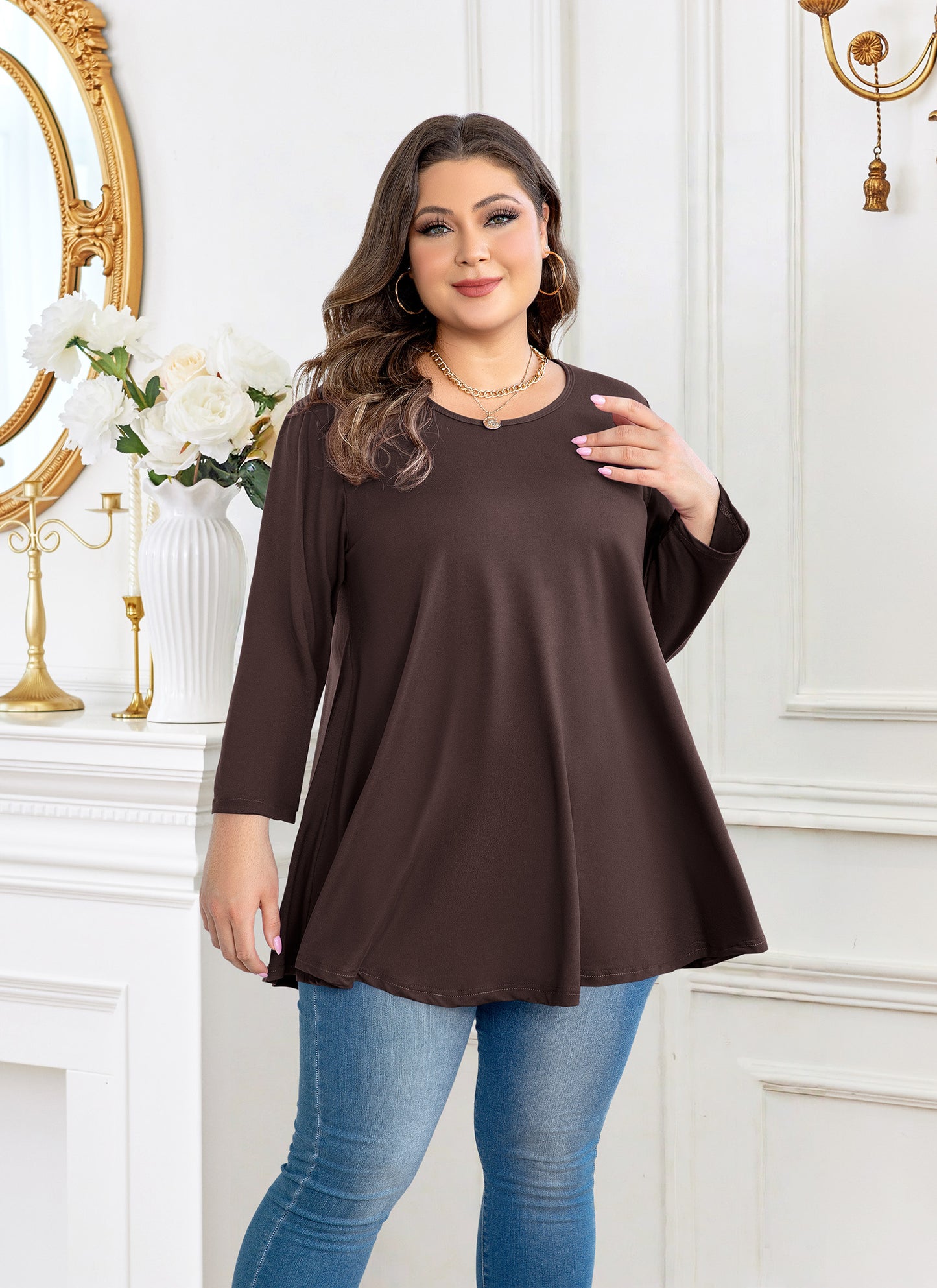 Womens Tops - Plus Size Tunics 3/4 Sleeve Loose Fit Dressy Casual Long Swing Flowy Lady Blouses Shirts Wear with Leggings Teals Blue Clothing A42 SATBBRO