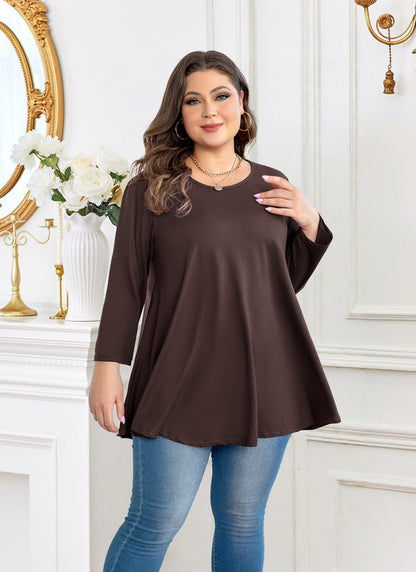 Women's Plus Size Tunic Top | 3/4 Sleeve Brown Swing Flare Blouse for Leggings S-7XL A42