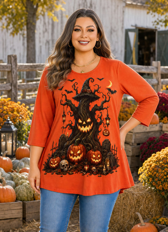 Women's Orange Swing Tunic Top – 3/4 Sleeve, Plus Size C41