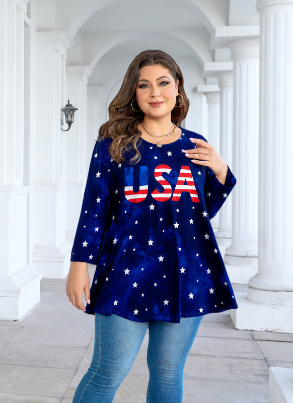 Women's Navy Blue & Red Plus Size Tunic Top – 3/4 Sleeve Swing Flowy Blouse A48