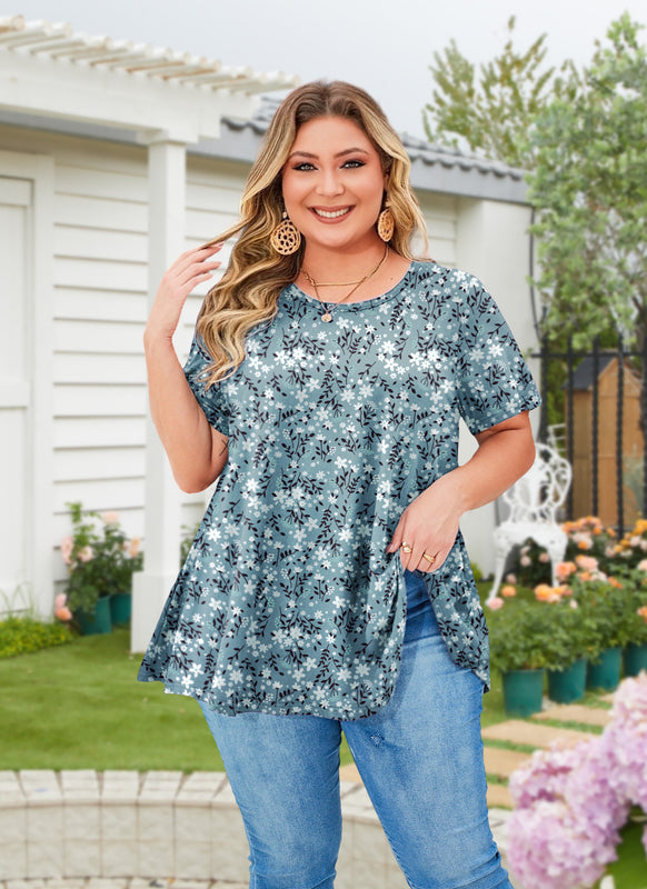 Women's Plus Size Teal & White Tunic Top – Short Sleeve Swing Blouse  e12