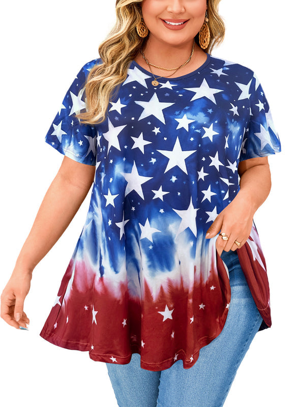 Women's Plus Size American Flag Tunic Top – Short Sleeve, Patriotic Swing Blouse to Wear with Leggings b40