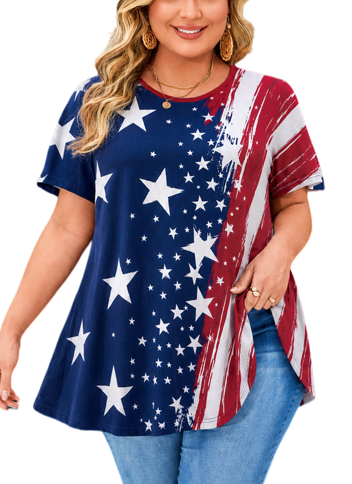 Women's Plus Size American Flag Tunic Top – Short Sleeve Patriotic Swing Blouse e20