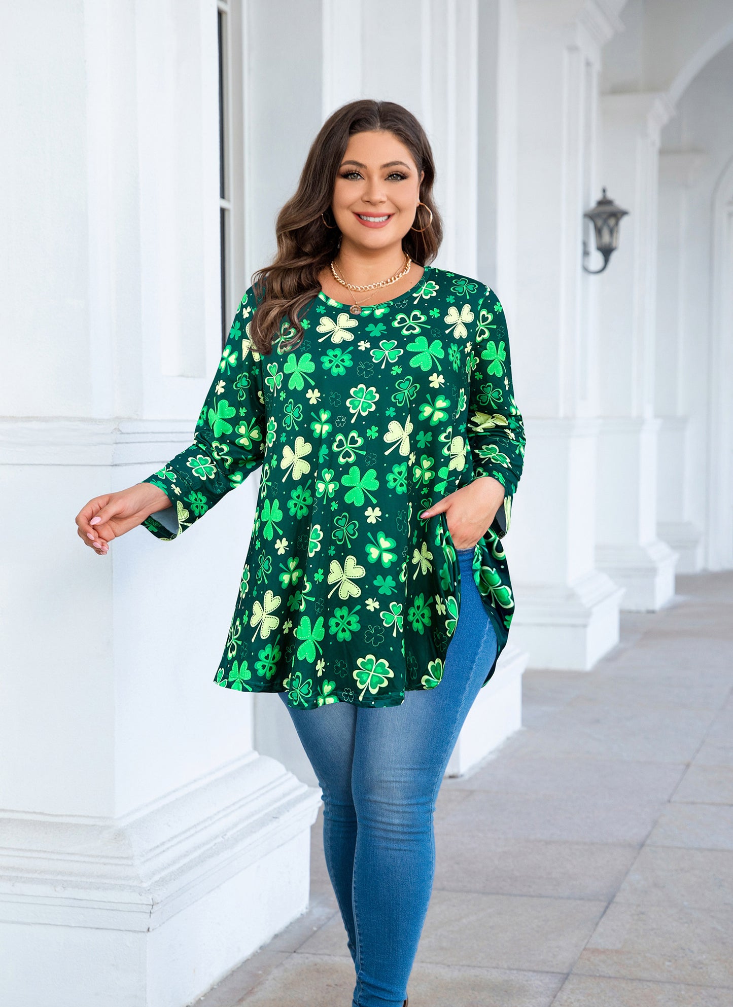 Womens Tunic Tops 3/4 Sleeve Plus Size Crew Neck Swing Flare Loose Fit T-Shirt Blouses to Wear with Leggings IV