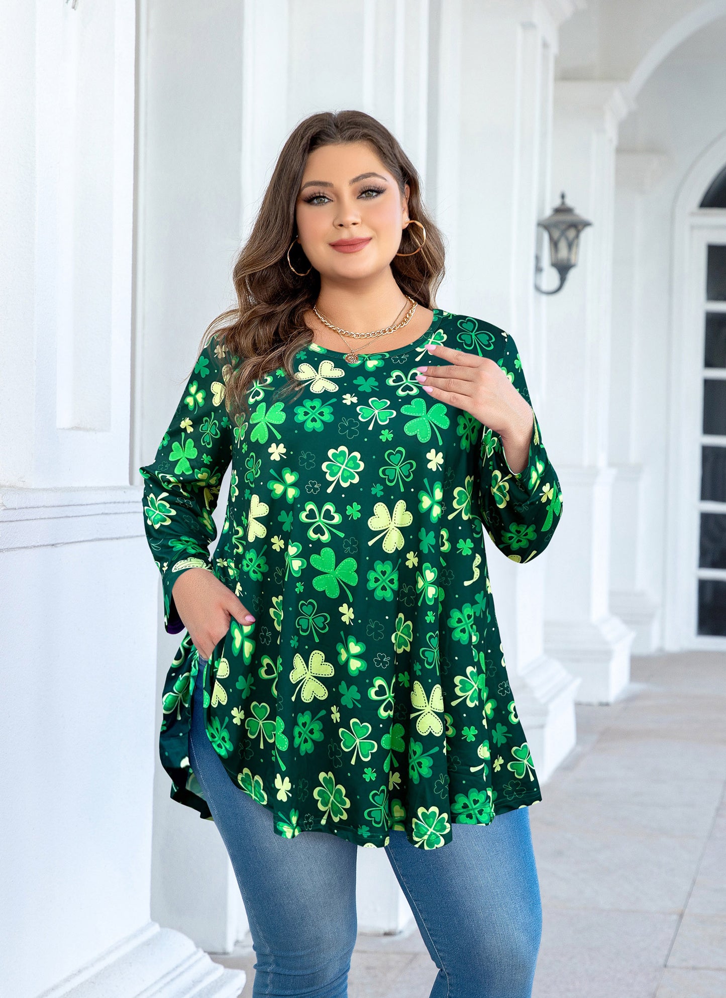 Womens Tops - Plus Size Tunics 3/4 Sleeve Loose Fit Dressy Casual Long Swing Flowy Lady Blouses Shirts Wear with Leggings Teals Blue Clothing A34 SATGY