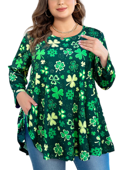 Womens Tunic Tops 3/4 Sleeve Plus Size Crew Neck Swing Flare Loose Fit T-Shirt Blouses to Wear with Leggings IV