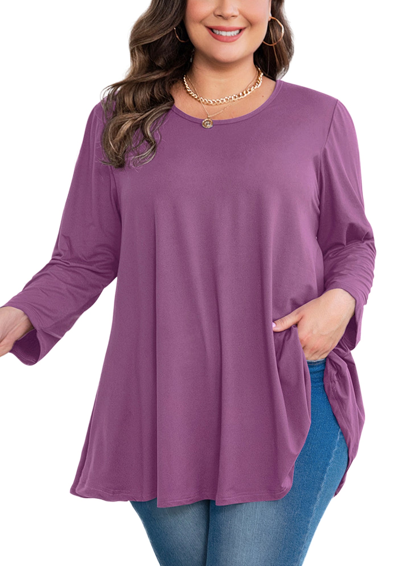 Womens Tops - Plus Size Tunics 3/4 Sleeve Loose Fit Dressy Casual Long Swing Flowy Lady Blouses Shirts Wear with Leggings Teals Blue Clothing A29 SATSP