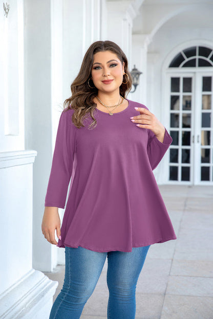 Women's Plus Size Purple Tunic Top – 3/4 Sleeve Swing Flare Blouse for Leggings (L–6XL) A29