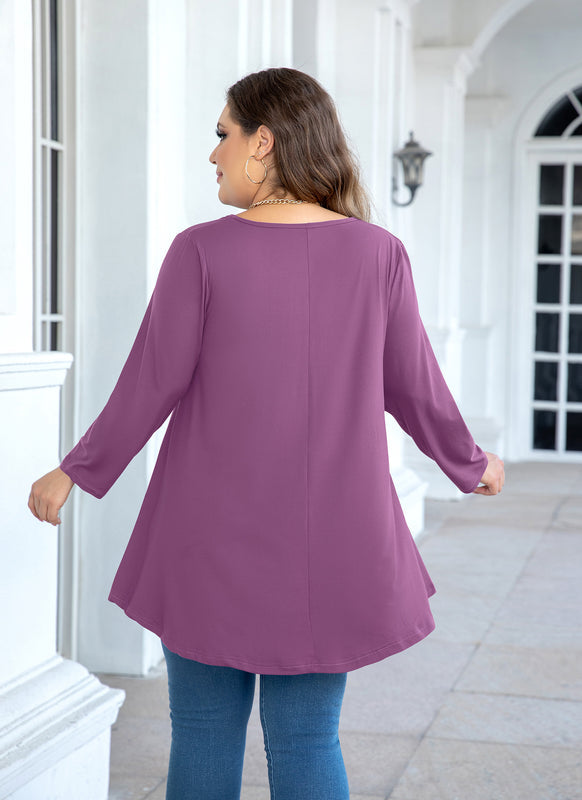 Women's Plus Size Purple Tunic Top – 3/4 Sleeve Swing Flare Blouse for Leggings (L–6XL) A29