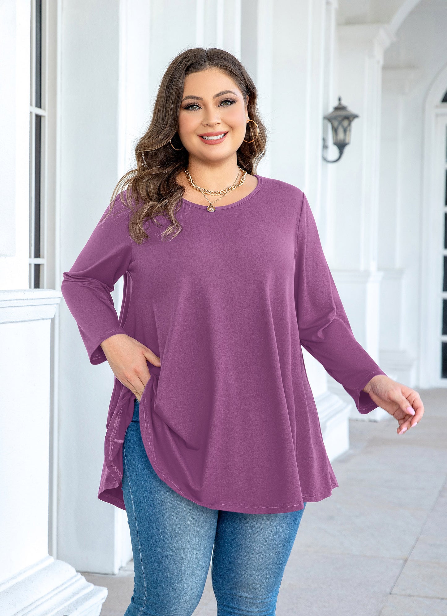 Womens Tops - Plus Size Tunics 3/4 Sleeve Loose Fit Dressy Casual Long Swing Flowy Lady Blouses Shirts Wear with Leggings Teals Blue Clothing A29 SATSP
