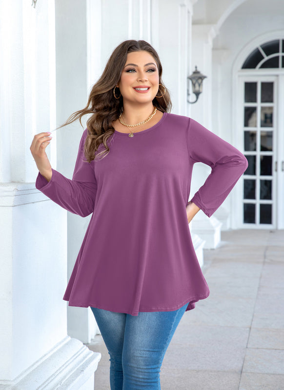 Women's Plus Size Purple Tunic Top – 3/4 Sleeve Swing Flare Blouse for Leggings (L–6XL) A29