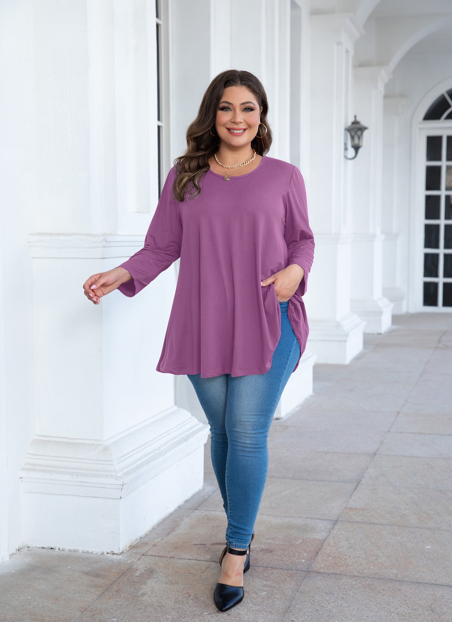 Womens Tops - Plus Size Tunics 3/4 Sleeve Loose Fit Dressy Casual Long Swing Flowy Lady Blouses Shirts Wear with Leggings Teals Blue Clothing A29 SATSP