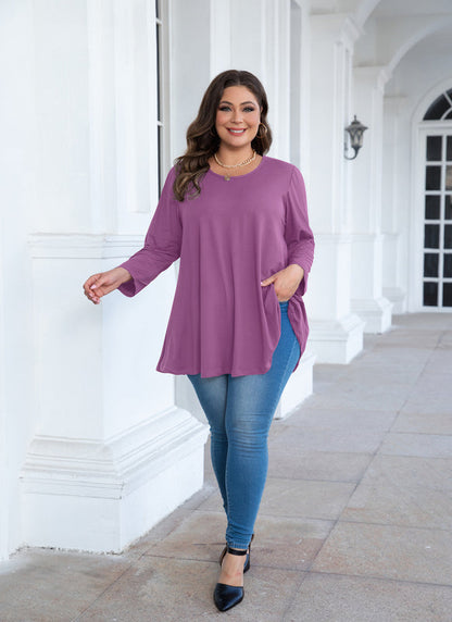 Women's Plus Size Purple Tunic Top – 3/4 Sleeve Swing Flare Blouse for Leggings (L–6XL) A29