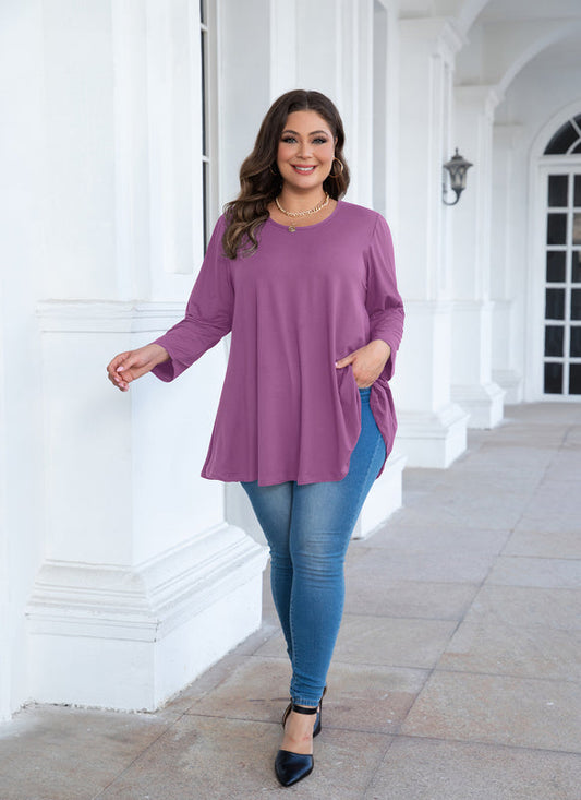 Women's Plus Size Purple Tunic Top – 3/4 Sleeve Swing Flare Blouse for Leggings (L–6XL) A29