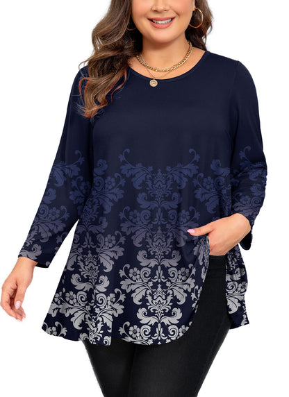 Women's Plus Size Tunic Top | 3/4 Sleeve Orange Floral Print Swing Flare Blouse A35