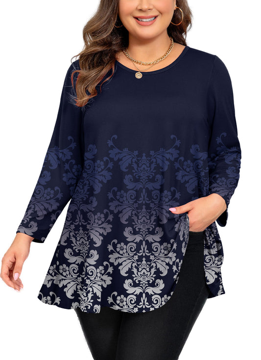Women's Plus Size Tunic Top | 3/4 Sleeve Orange Floral Print Swing Flare Blouse A35