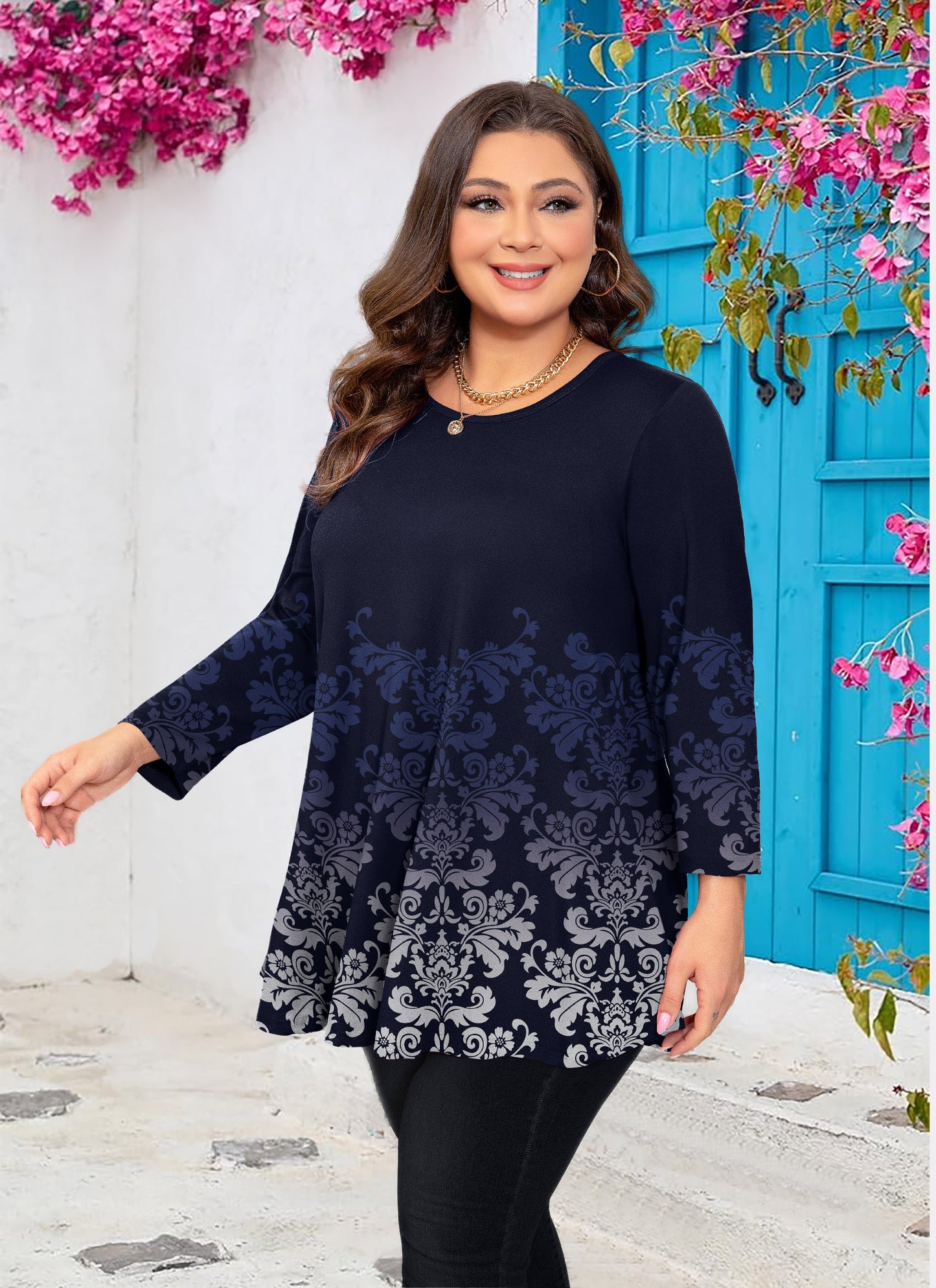 Womens Tops - Plus Size Tunics 3/4 Sleeve Loose Fit Dressy Casual Long Swing Flowy Lady Blouses Shirts Wear with Leggings Teals Blue Clothing A35 SATNBF