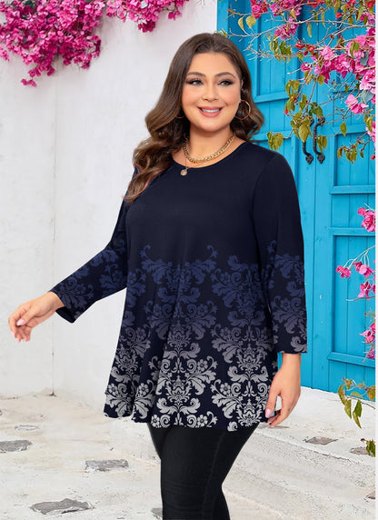 Womens Tunic Tops 3/4 Sleeve Plus Size Crew Neck Swing Flare Loose Fit T-Shirt Blouses to Wear with Leggings Navy Blue Tunics Floral Printed