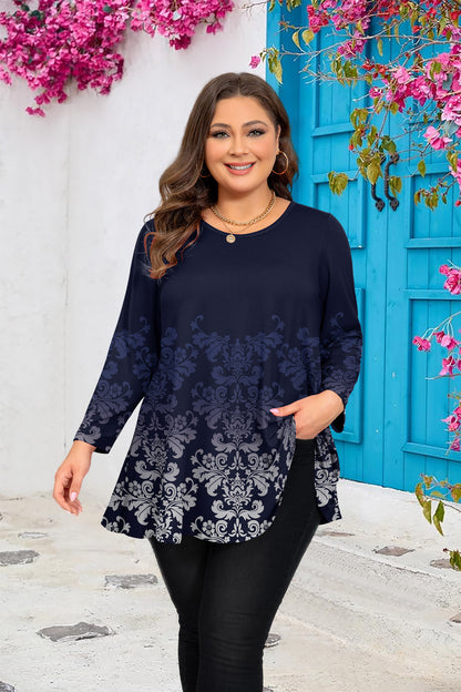 Womens Tops - Plus Size Tunics 3/4 Sleeve Loose Fit Dressy Casual Long Swing Flowy Lady Blouses Shirts Wear with Leggings Teals Blue Clothing A35 SATNBF