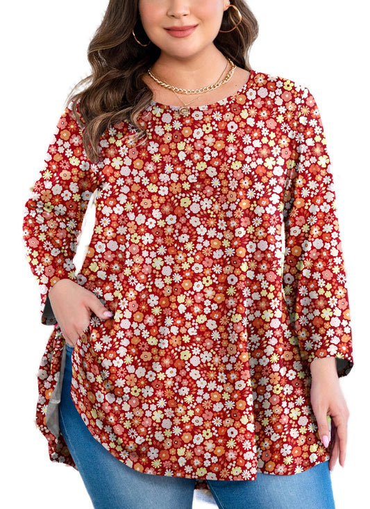 Women's Floral Tunic Top – 3/4 Sleeve Swing Flare Blouse for Leggings | Red Small Floral (S–5XL) A30