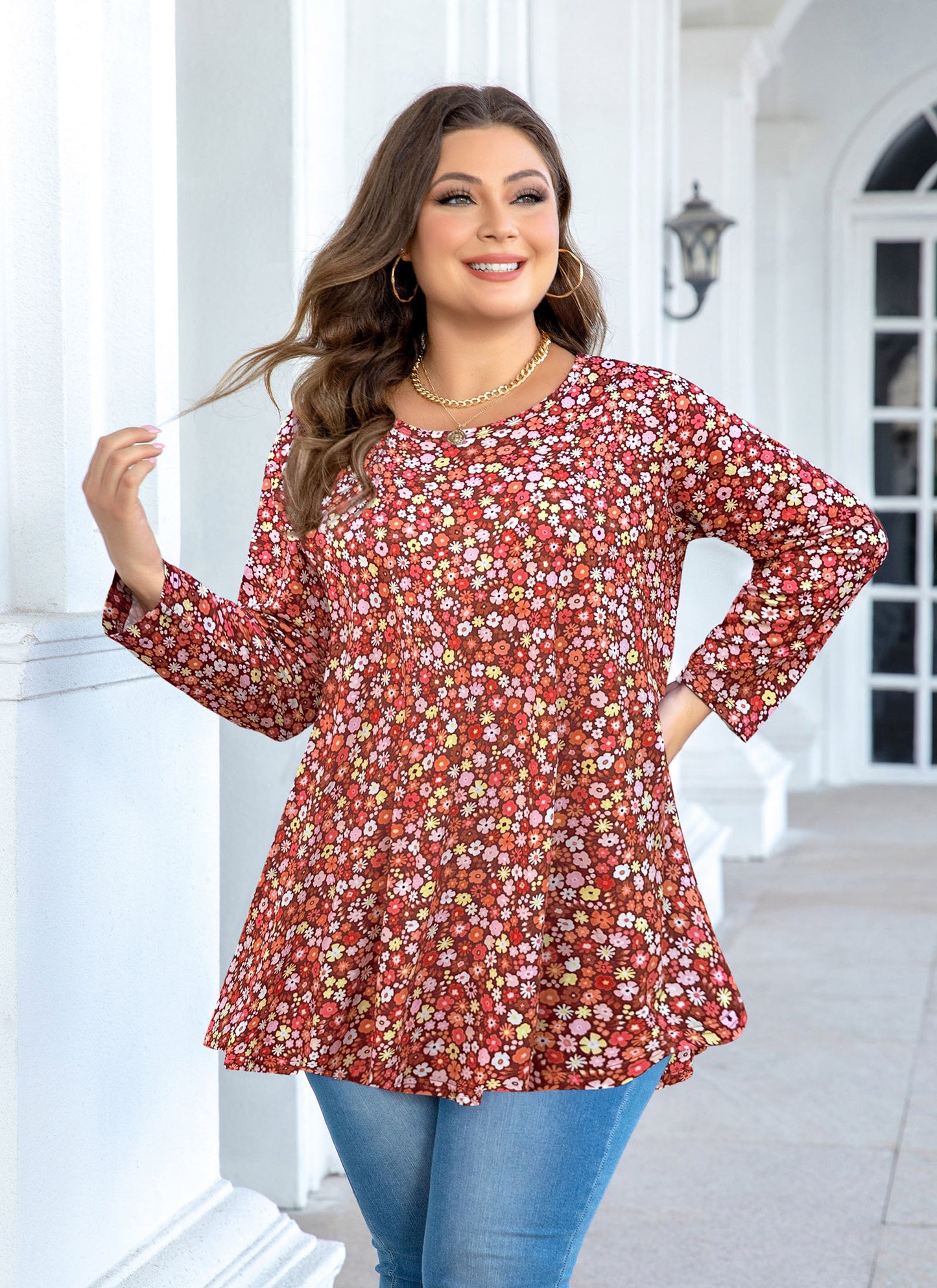 Womens Tops - Plus Size Tunics 3/4 Sleeve Loose Fit Dressy Casual Long Swing Flowy Lady Blouses Shirts Wear with Leggings Teals Blue Clothing A30 SATRF