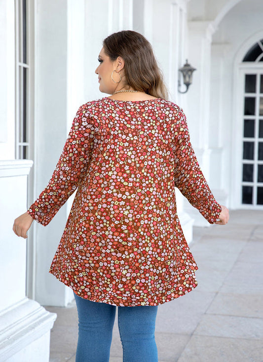 Women's Floral Tunic Top – 3/4 Sleeve Swing Flare Blouse for Leggings | Red Small Floral (S–5XL) A30