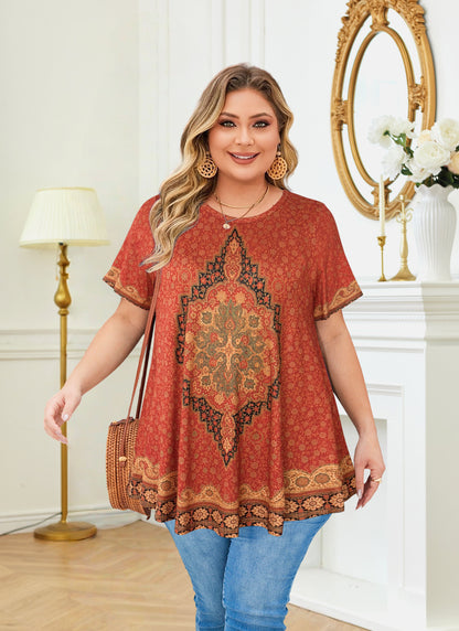 Plus Size Rust Red Medallion Print Tunic Top