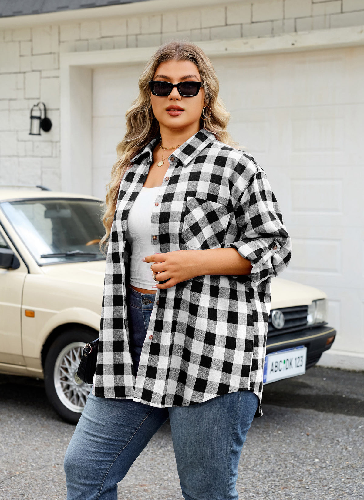 Plus Size Black & White Buffalo Plaid Button-Up Shirt