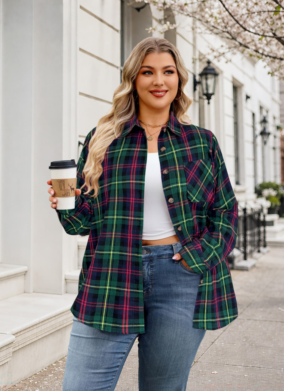 Plus Size Forest Green Plaid Button-Up Shirt F19