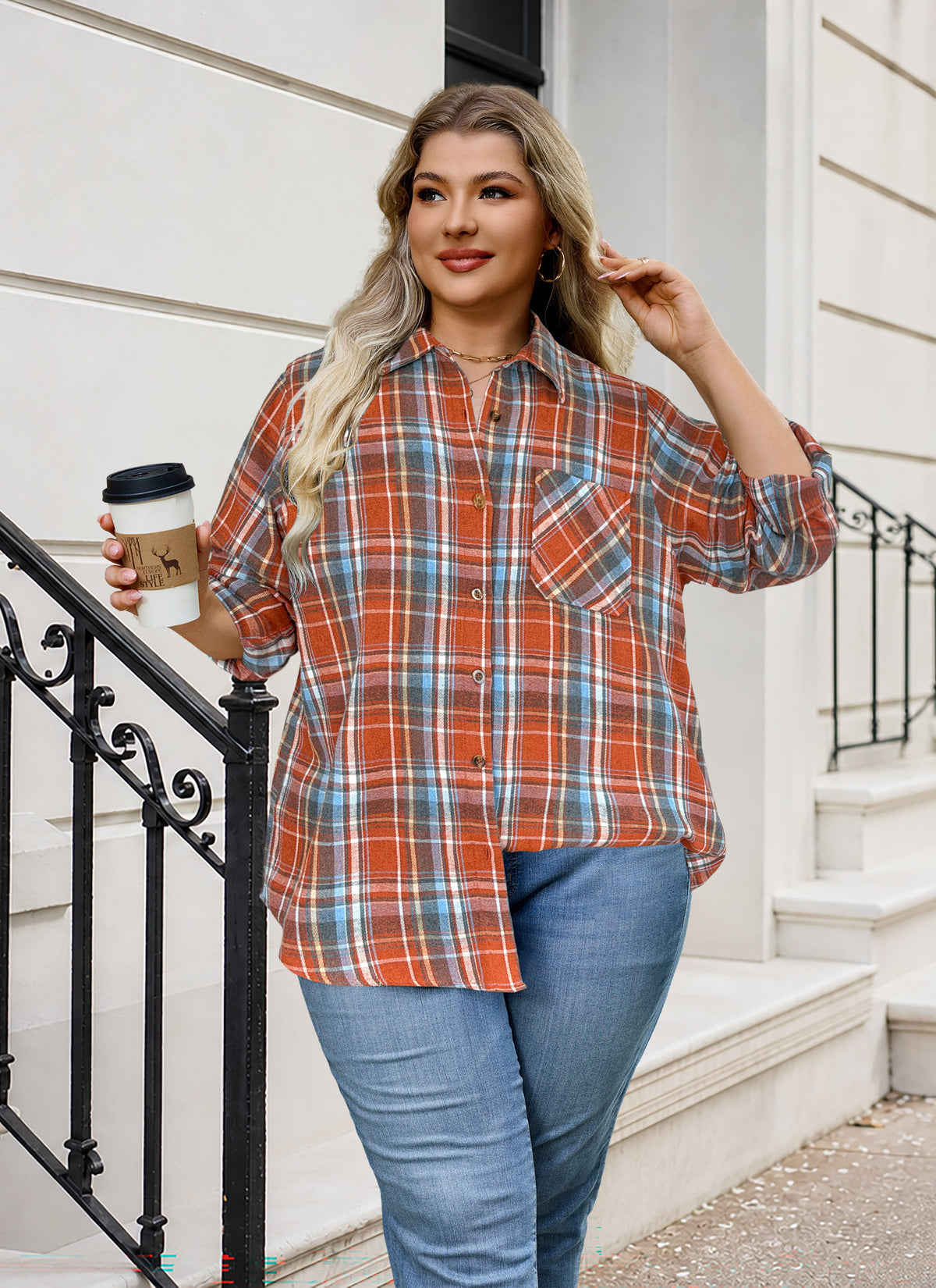 Plus Size Rust Orange Plaid Button-Up Shirt G23