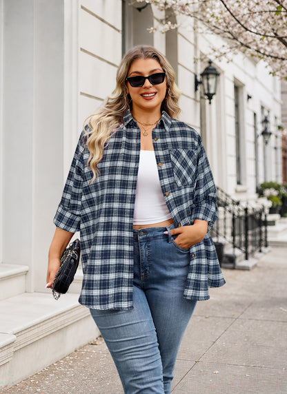 Plus Size Navy Blue Plaid Button-Up Shirt