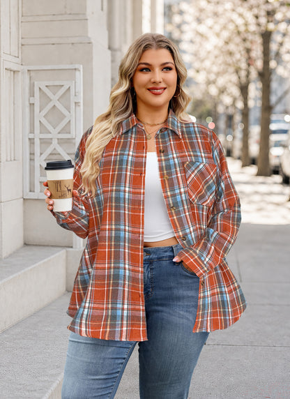 Plus Size Rust Orange Plaid Button-Up Shirt G23