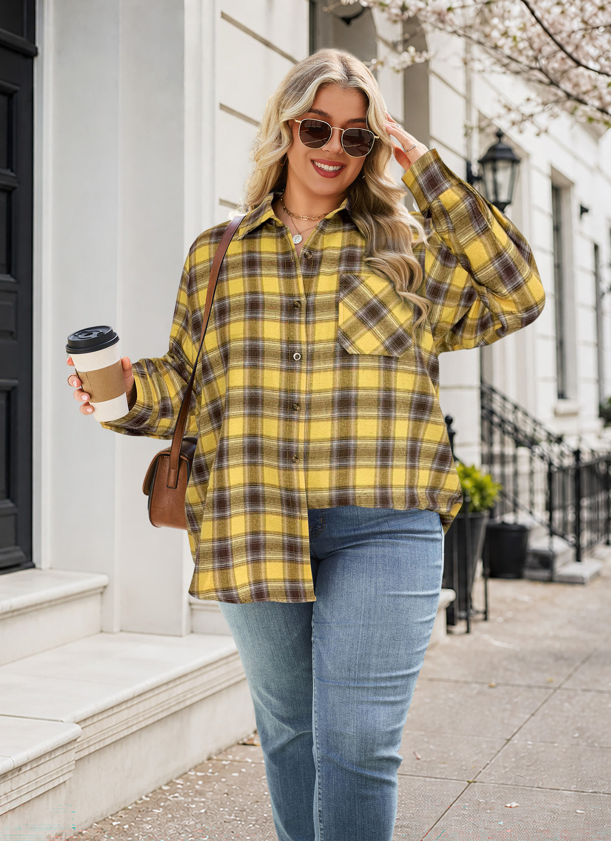 Plus Size Mustard Yellow Plaid Button-Up Shirt G14