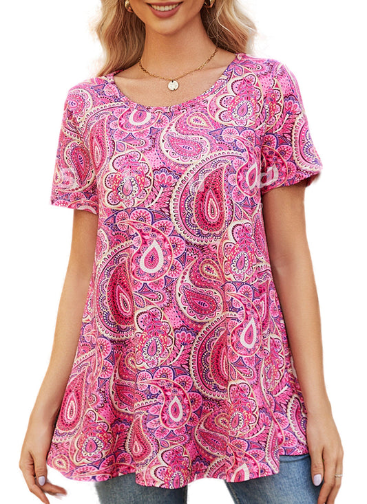 Hot Pink Paisley Print Tunic Top – Women's Plus Size Short Sleeve Swing Blouse to Wear with Leggings (S–7XL) b17