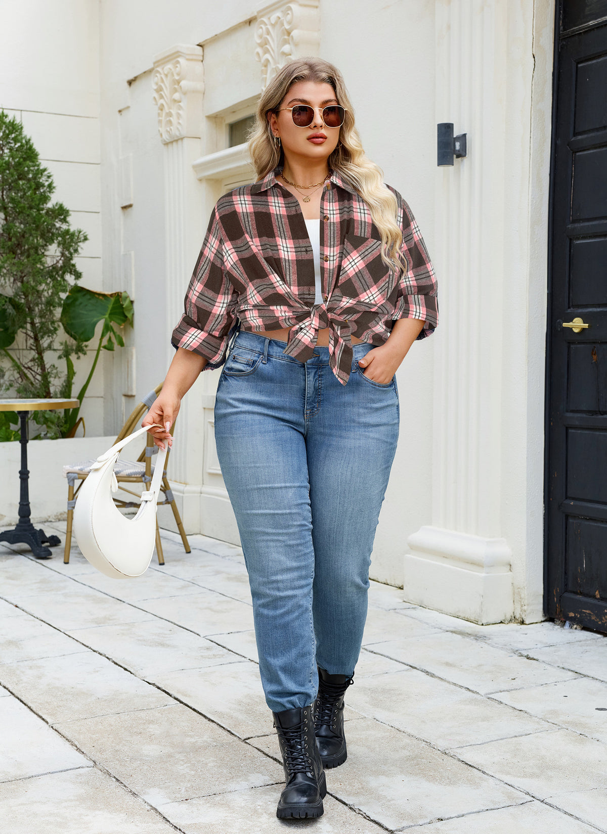 Plus Size Brown & Pink Plaid Button-Up Shirt G22