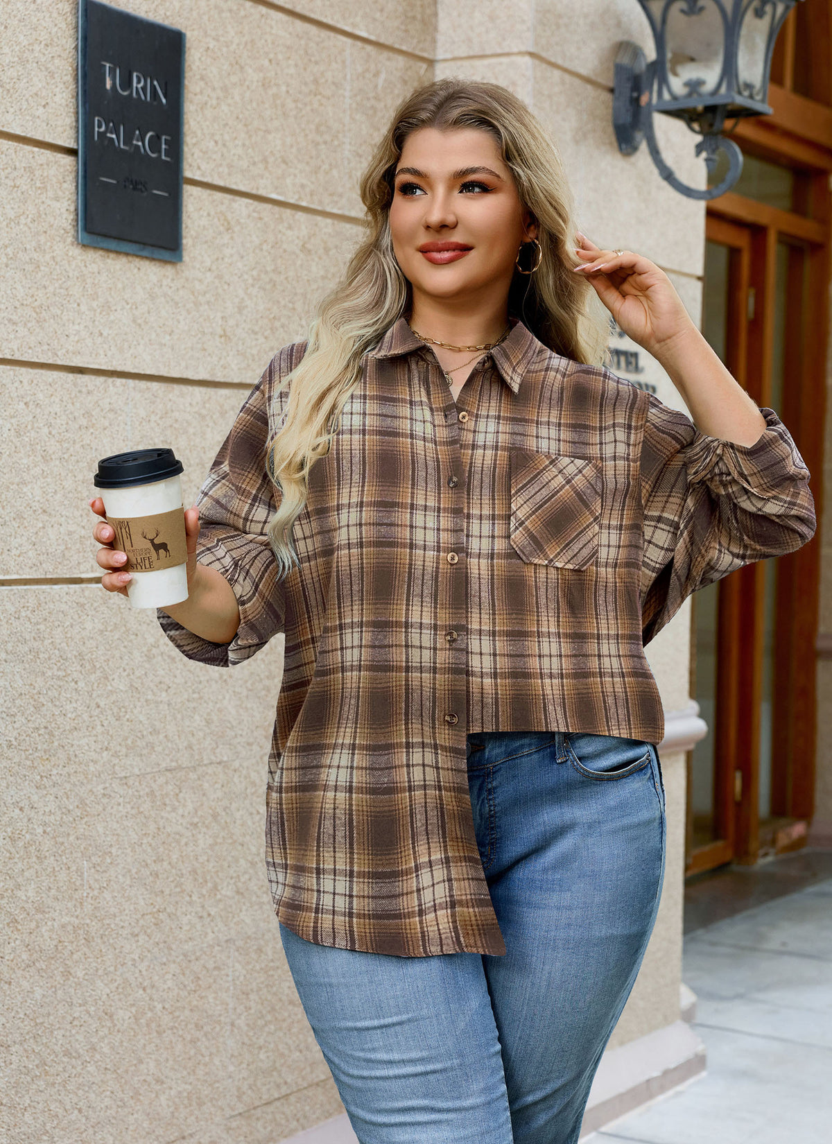 Plus Size Brown & Beige Plaid Button-Up Shirt
